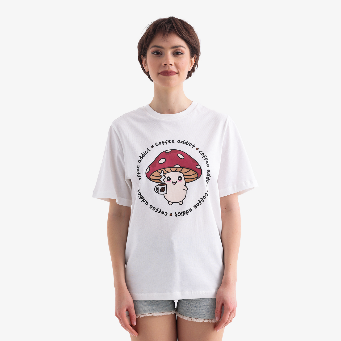 Coffee Addict Mushroom Unisex White T-Shirt