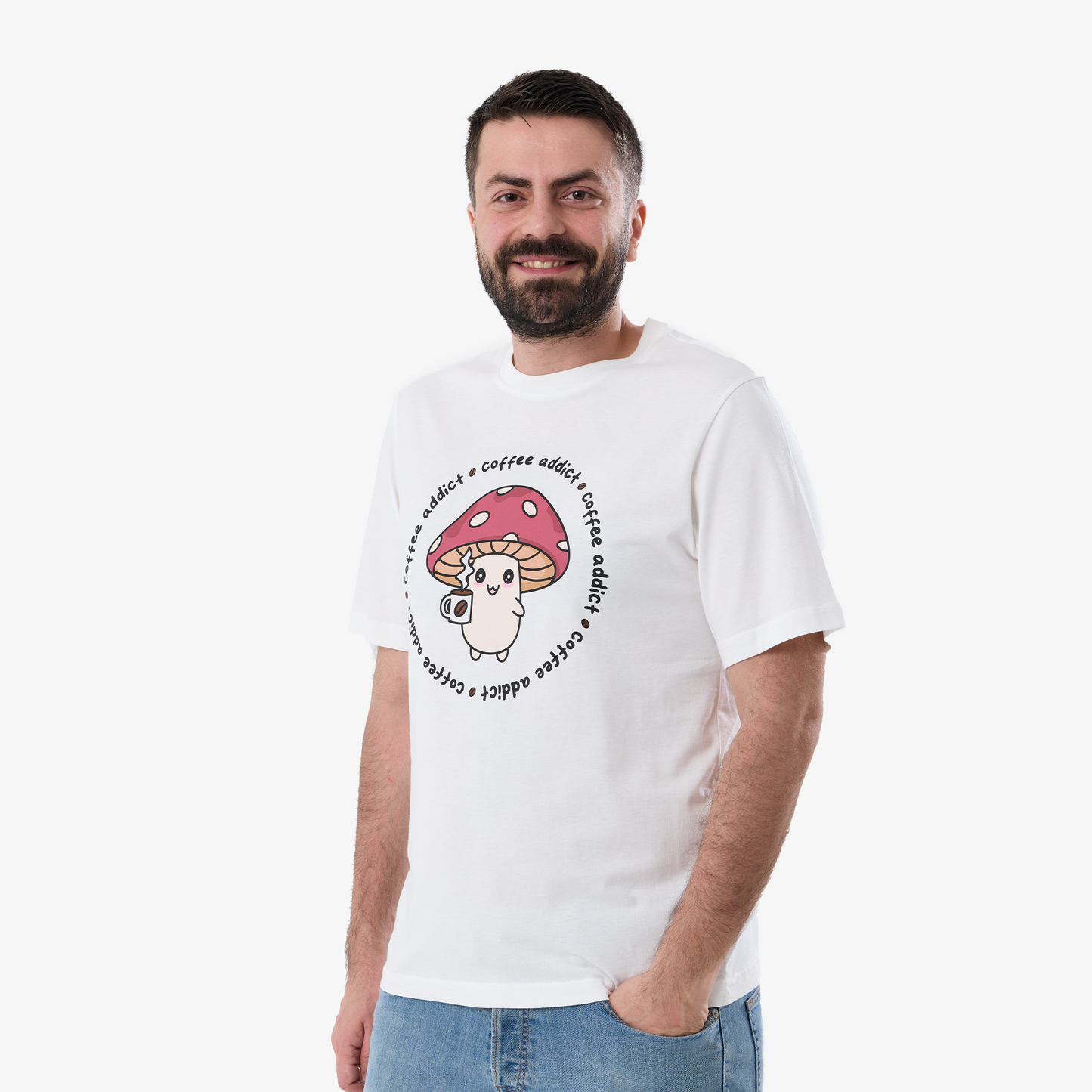 Coffee Addict Mushroom Unisex White T-Shirt