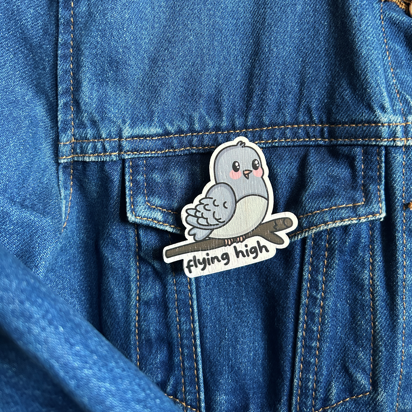 Flying High Birdie Wooden Brooch Pin (with Cotton Pouch)