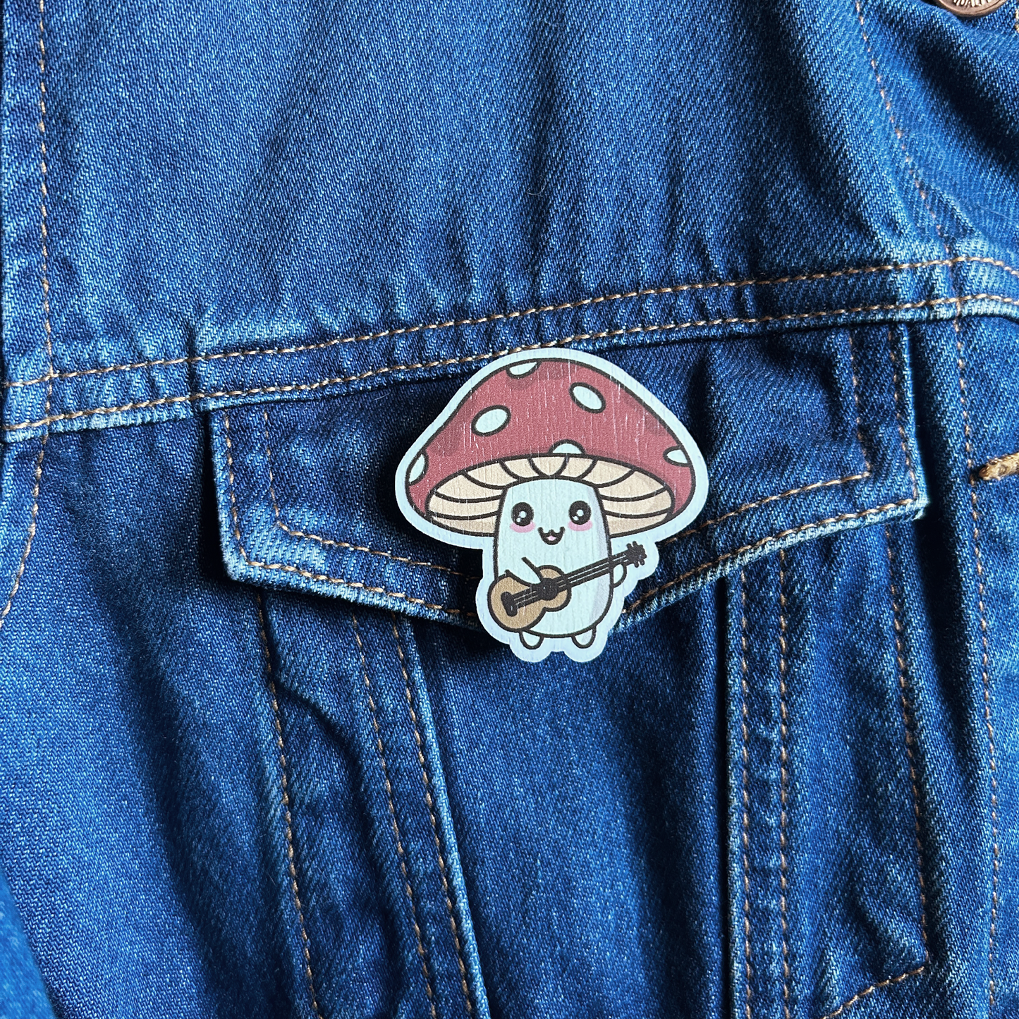 Mushroom Playing Guitar Wooden Brooch Pin (with Cotton Pouch)