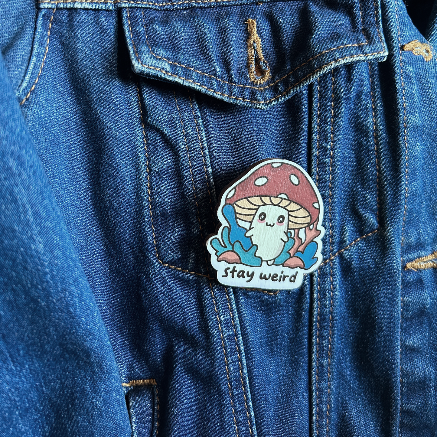 Stay Weird Mushroom Wooden Brooch Pin (with Cotton Pouch)