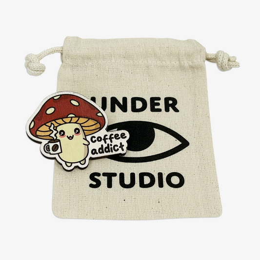 Coffee Addict Mushroom Wooden Brooch Pin (with Cotton Pouch)