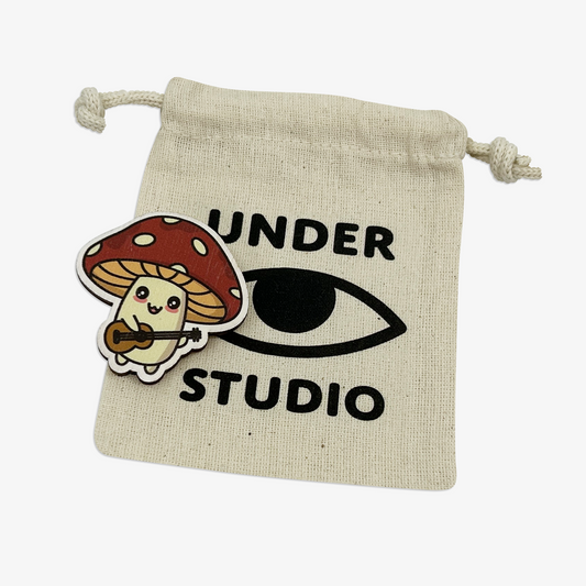 Mushroom Playing Guitar Wooden Brooch Pin (with Cotton Pouch)